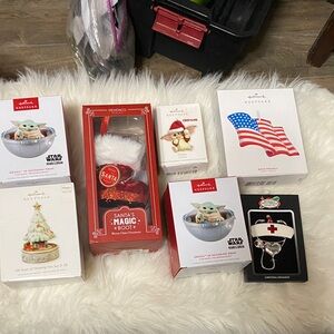 Hallmark Keepsake Ornament lot (5), one blown glass boot and nurse ornament